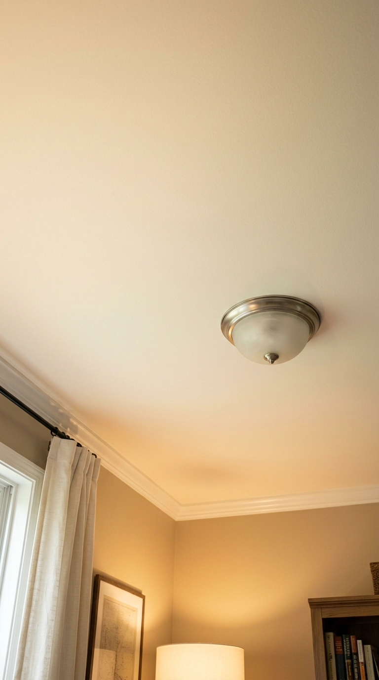 Warm cream living room ceiling glowing above honey beige walls with a frosted dome light