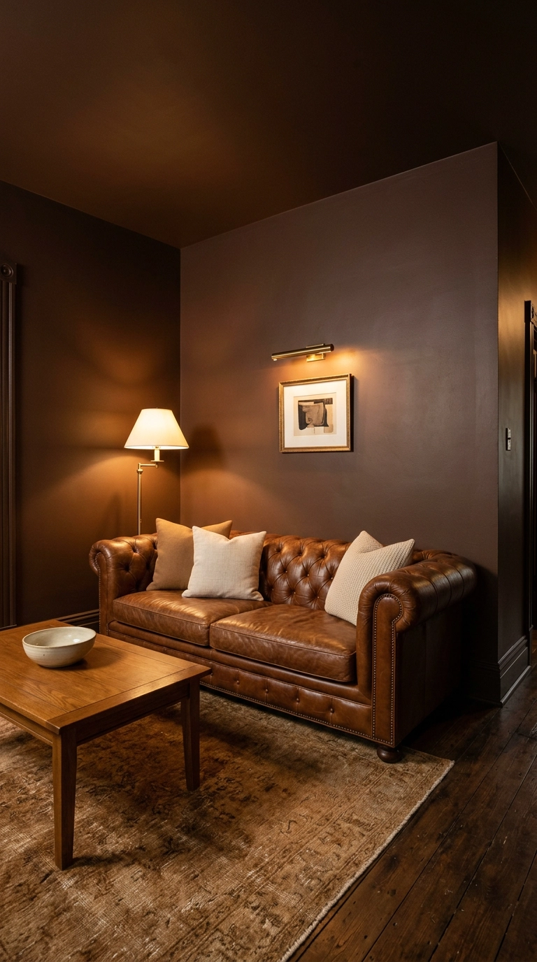 Deep chocolate brown living room with a cognac leather sofa lit by warm brass lamps