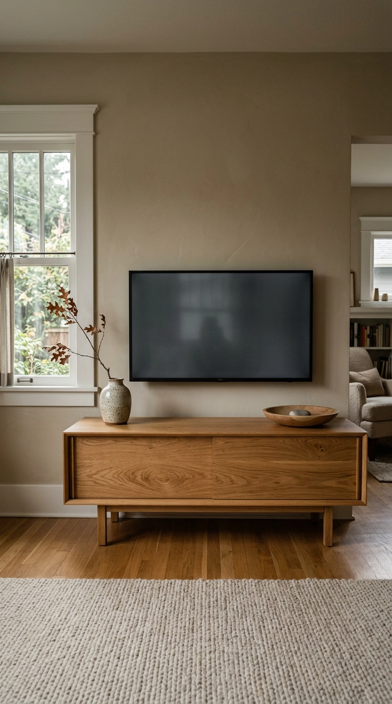 Honey white oak media console with a dark switched-off television in a dim north-facing living room