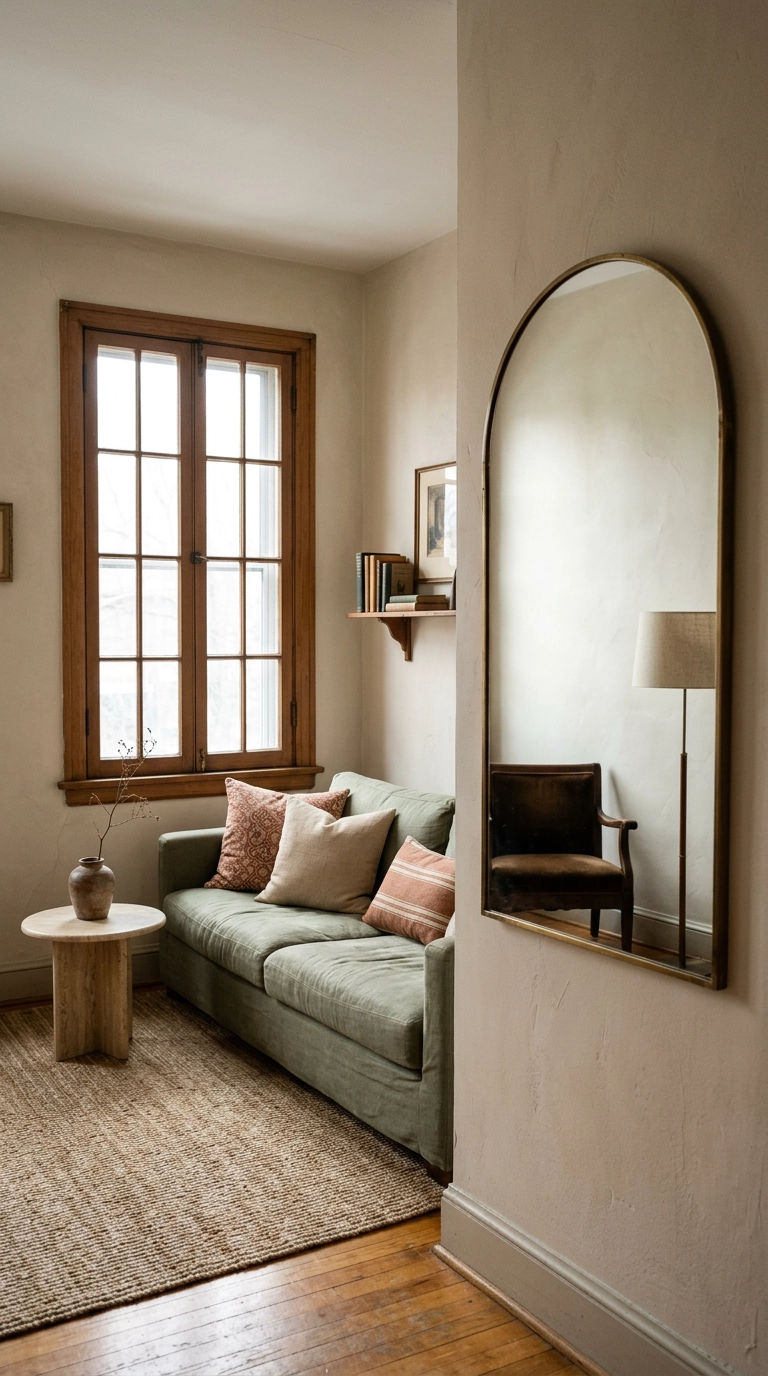 Arched brass mirror angled on the wall beside a window bouncing daylight into a small living room