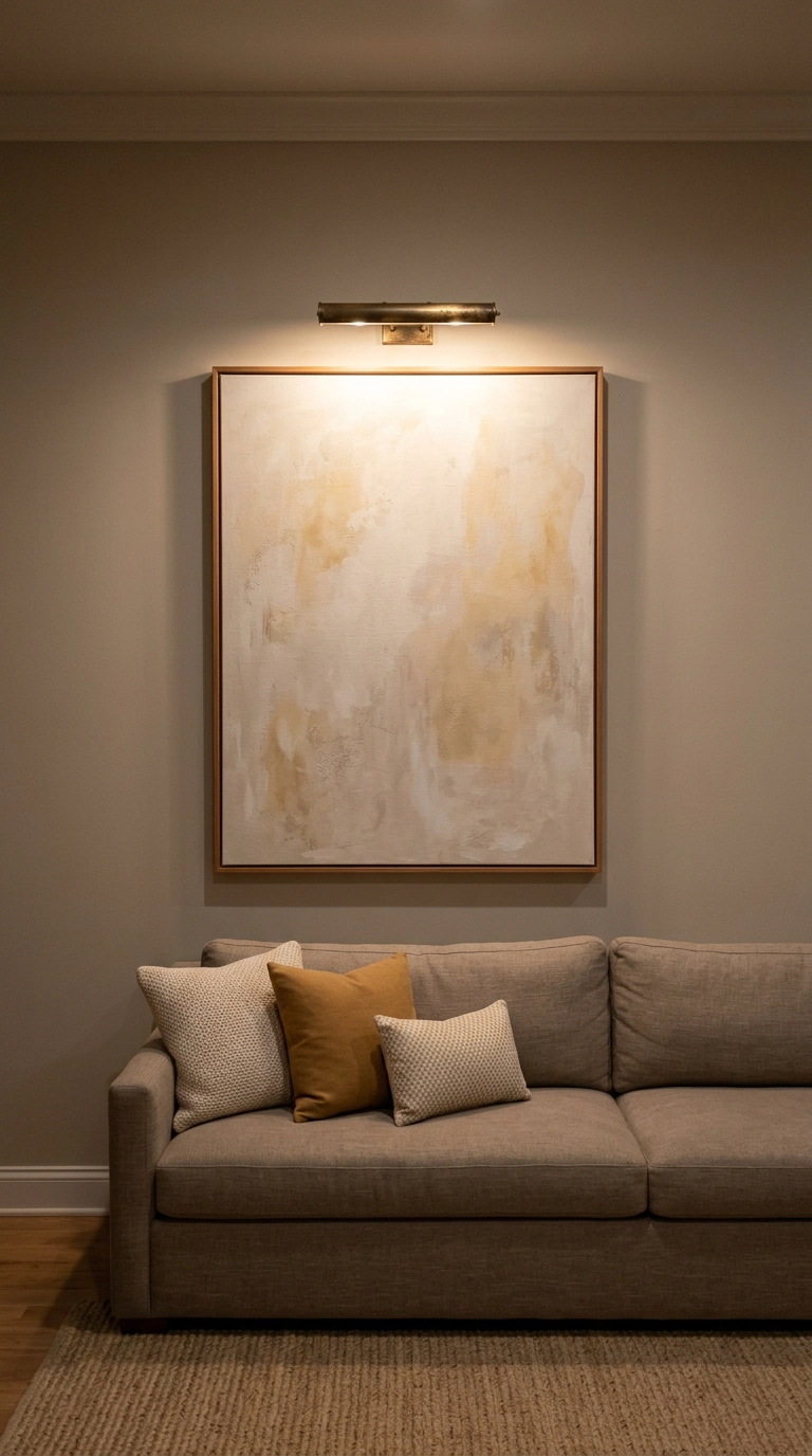 Large pale abstract artwork lit by a brass picture light above a taupe linen sofa