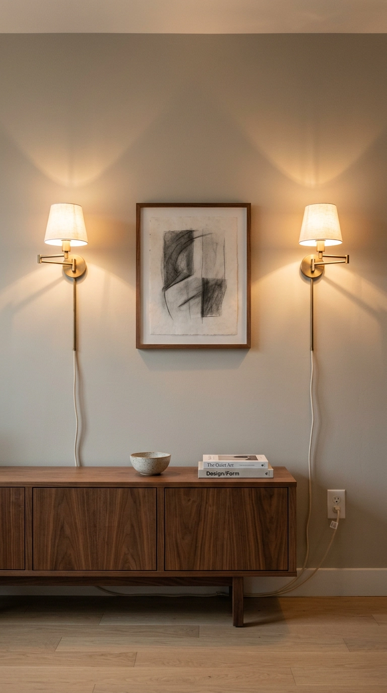 Two plug-in brass sconces washing warm light across a greige wall above a walnut console