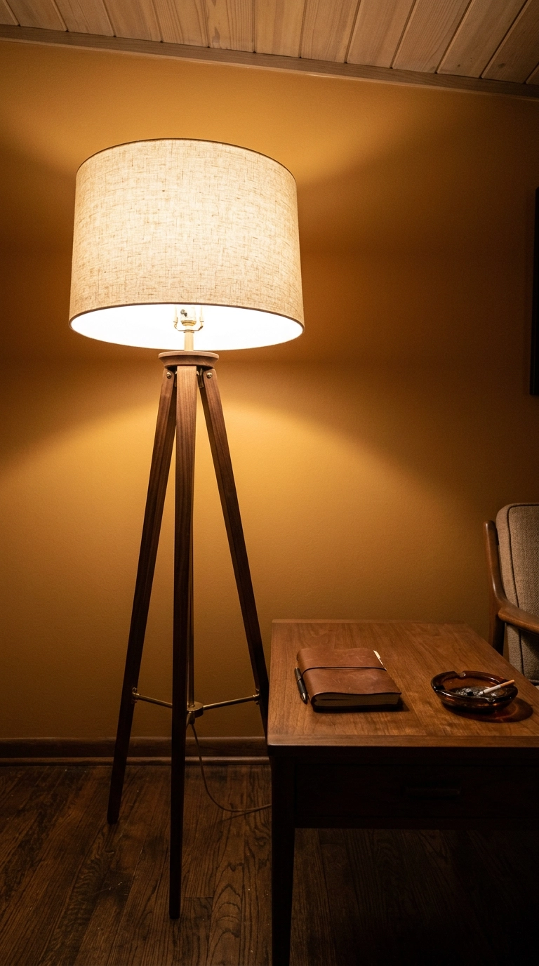 Walnut floor lamp with an ivory linen drum shade throwing light onto the ceiling and side table