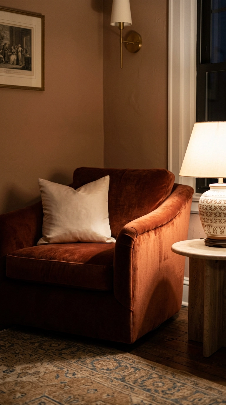 Russet velvet armchair with a silk pillow catching raking lamplight in a dim living room