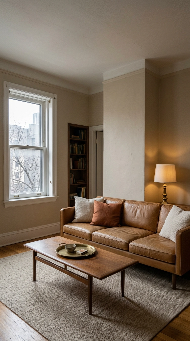 North-facing living room in warm putty beige with a caramel leather sofa and lamp-lit corner