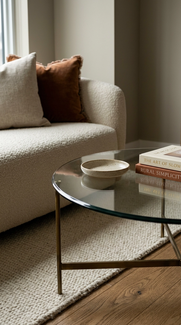 Clear glass coffee table with a brass base showing the pale rug through it in dim light