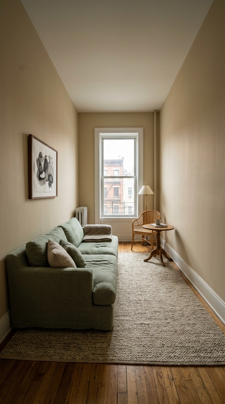 Narrow living room with the sofa on the side wall keeping the light path from the window clear