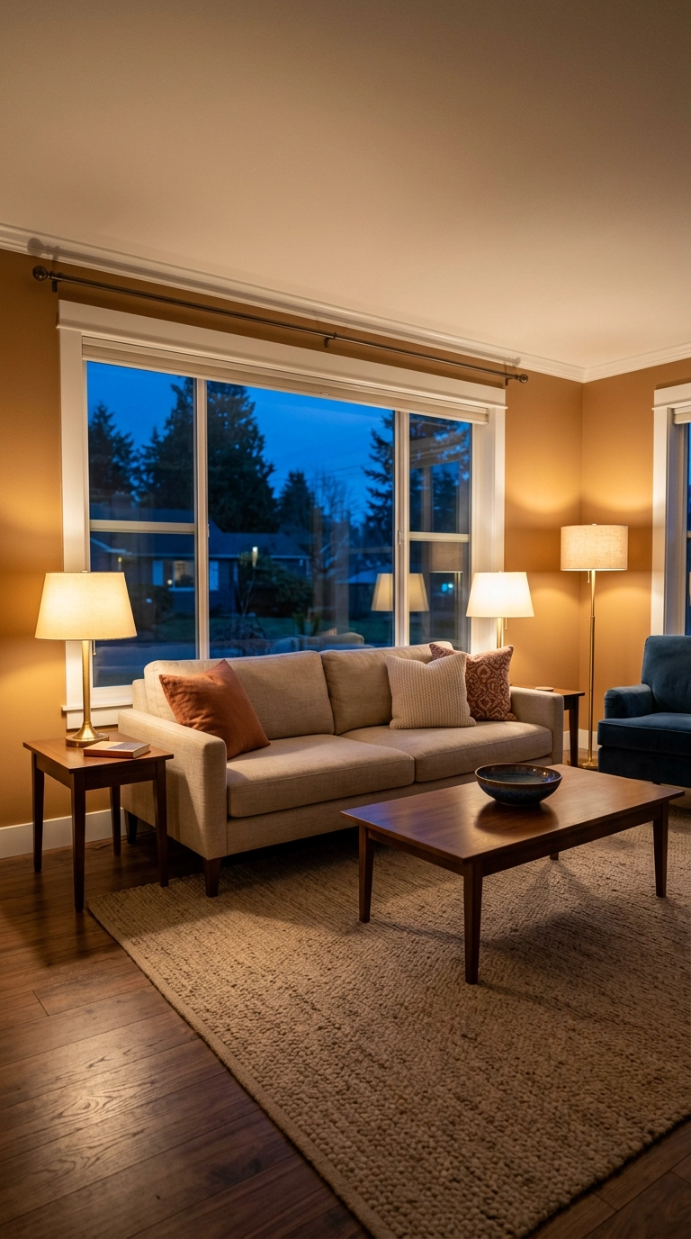 Living room lamps glowing warm against a deep blue dusk window during the blue hour