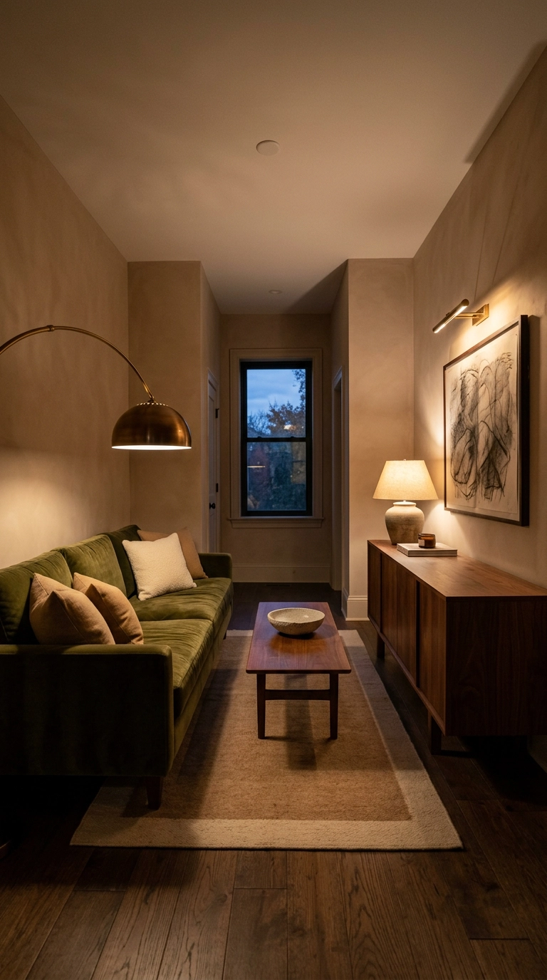 Deep living room lit by a floor lamp, table lamp, and picture light at three heights