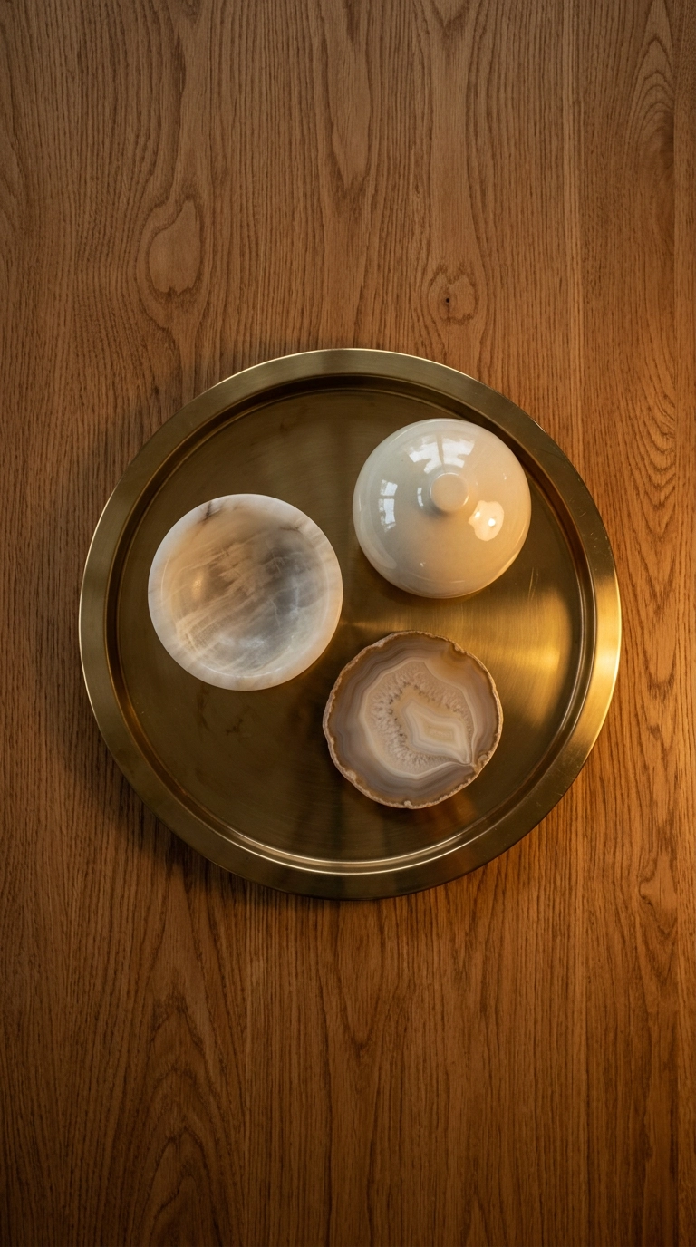 Brass tray with alabaster, glazed ceramic, and polished agate objects on an oak coffee table