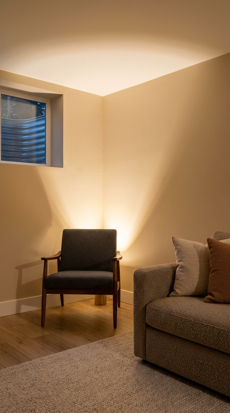 Hidden brass floor uplight washing a fan of warm light up a basement living room corner