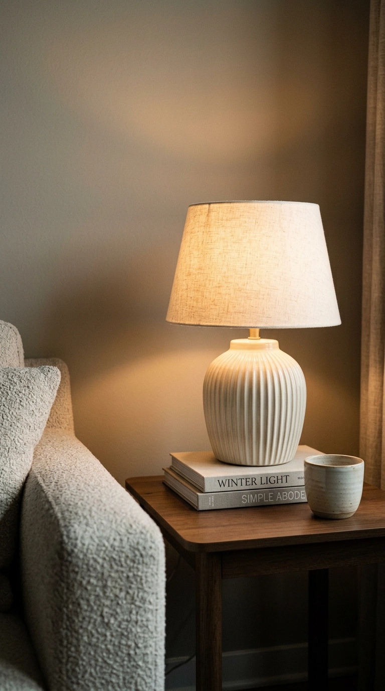 Warm 2700K ceramic table lamp with a linen shade lighting a living room side table