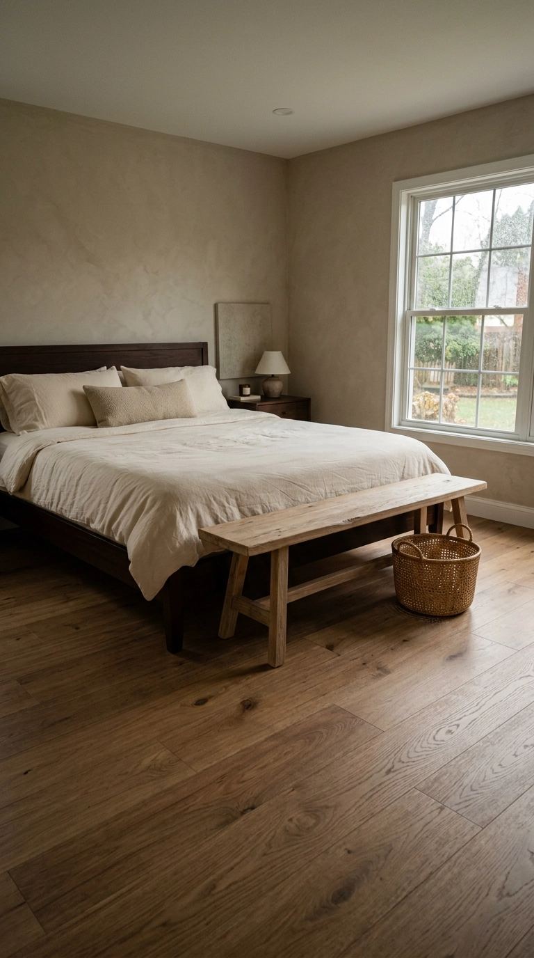 Pale white oak bench at the foot of a dark mahogany bed in a warm neutral bedroom