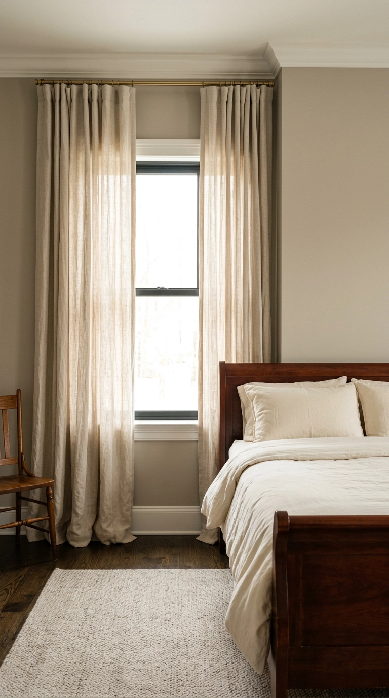 Pale oatmeal linen curtains hung high and wide beside a dark cherry wood bed