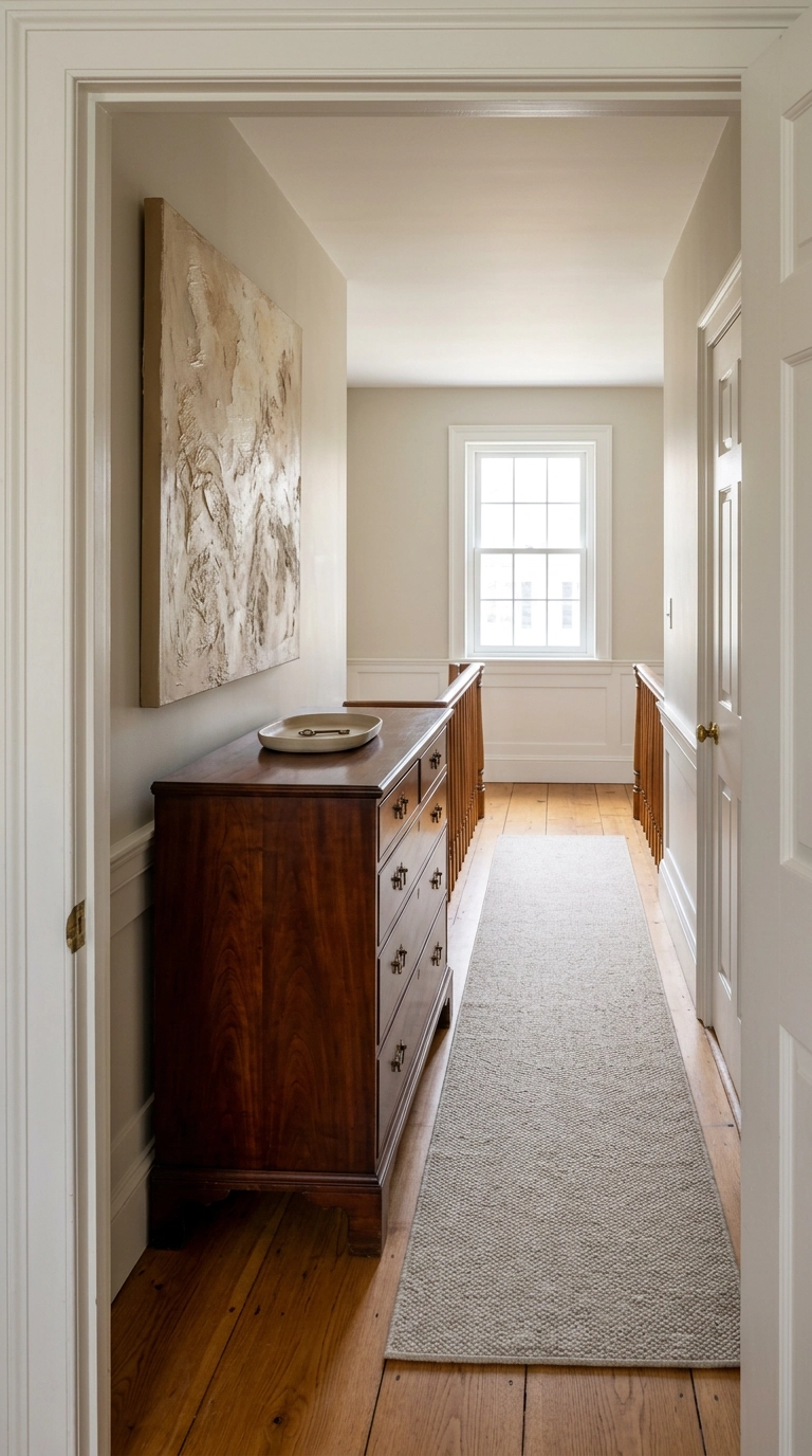 Dark cherry dresser relocated to an upstairs hallway landing beneath a large abstract canvas