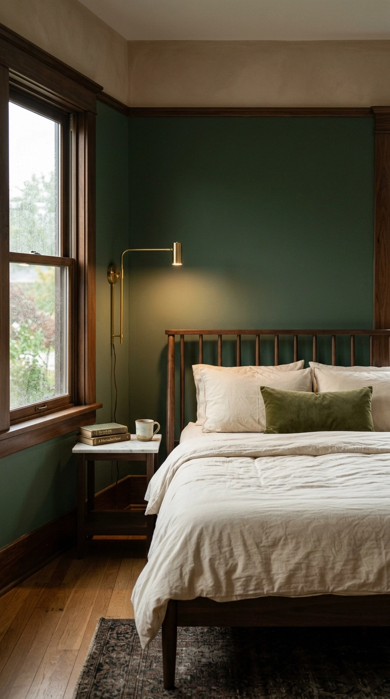 Dark walnut spindle bed against deep forest green matte bedroom walls with a brass sconce
