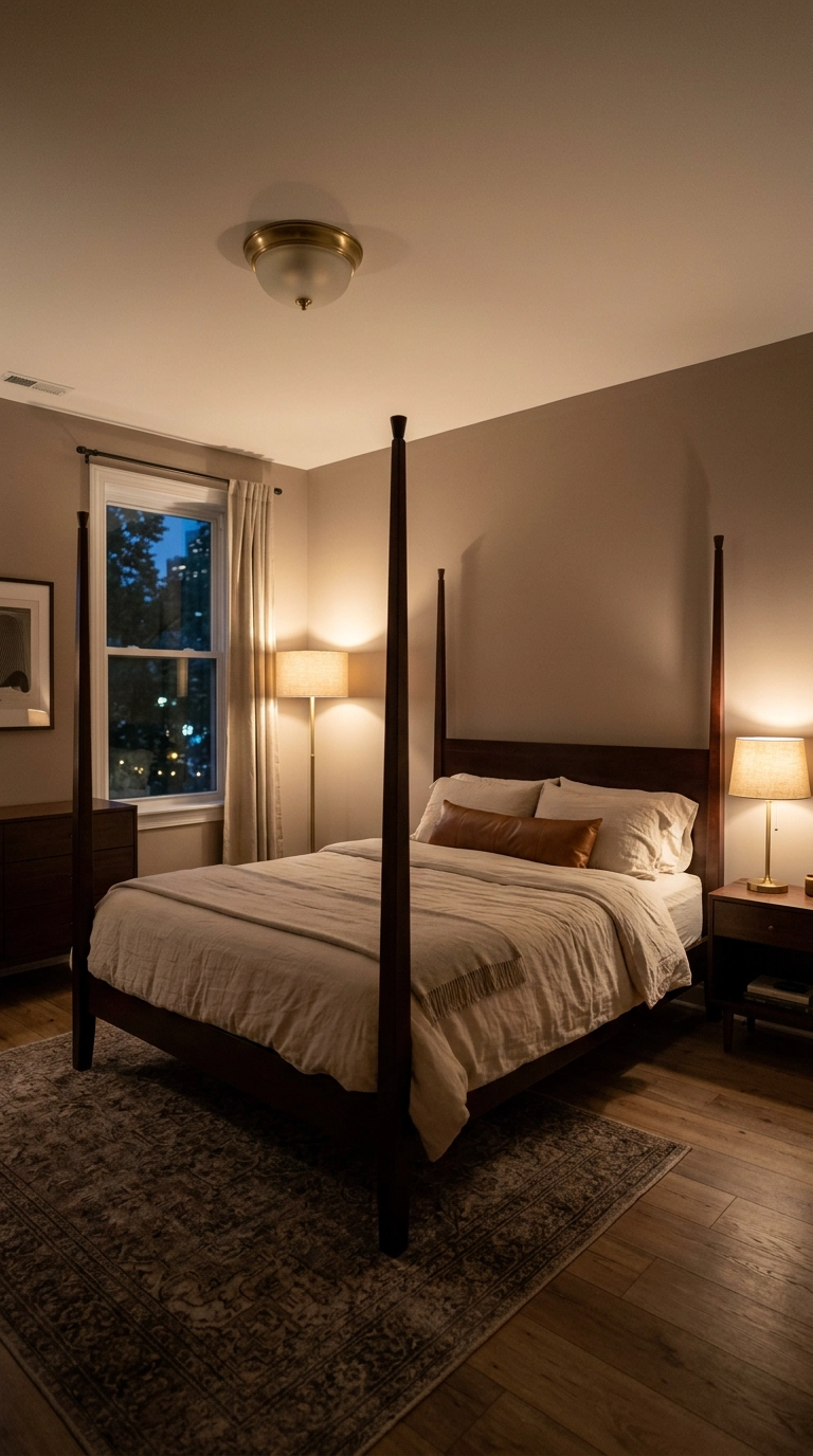 Dark mahogany bedroom lit at dusk by ceiling, table, and floor lamps at three heights