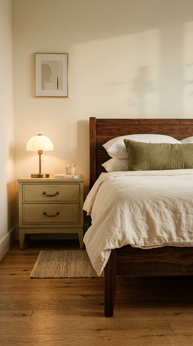 Muted olive painted nightstand beside a dark walnut bed frame in a warm bedroom