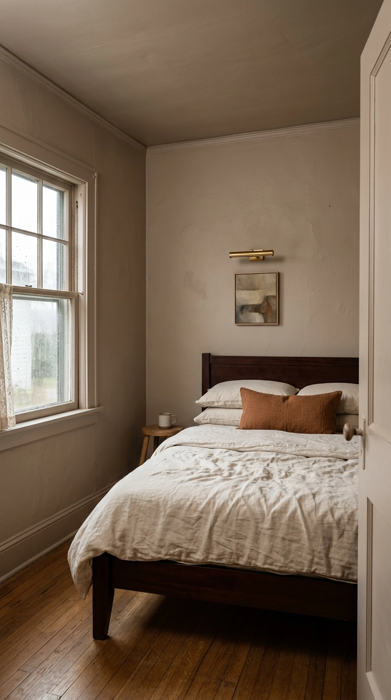Small bedroom color drenched in mushroom taupe with a dark mahogany bed frame