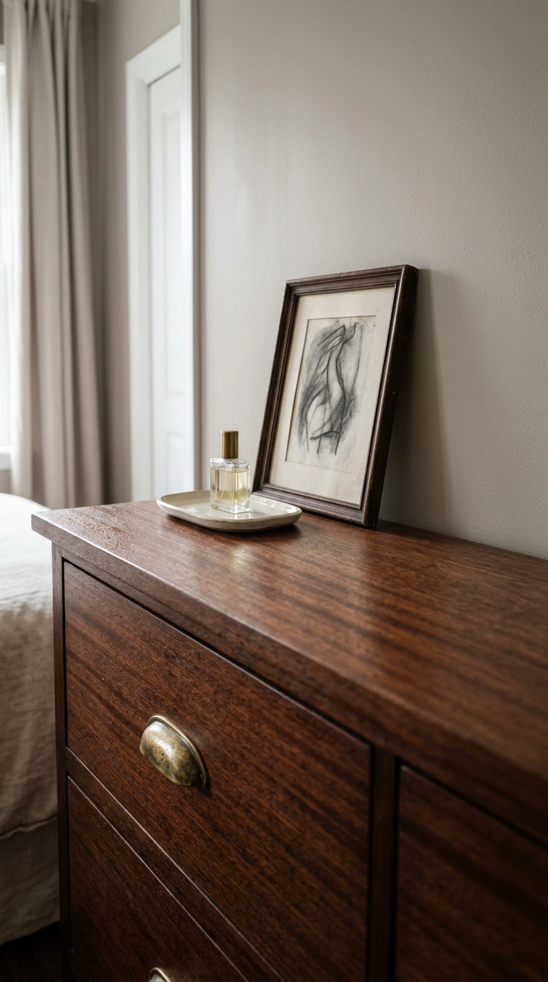 Close-up of a dark mahogany dresser with reddish undertones against a taupe bedroom wall