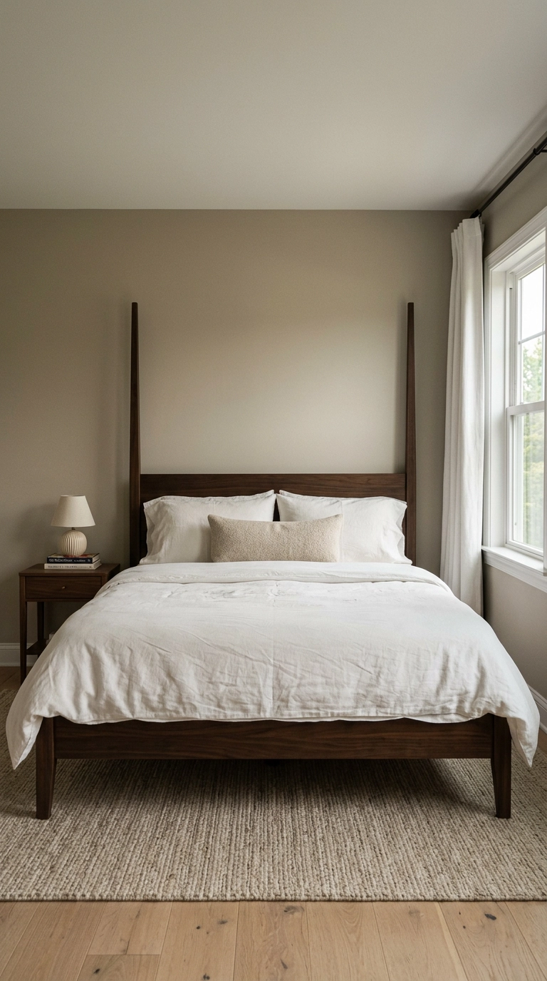 Dark walnut bed against warm putty greige bedroom walls with bone-white linen bedding