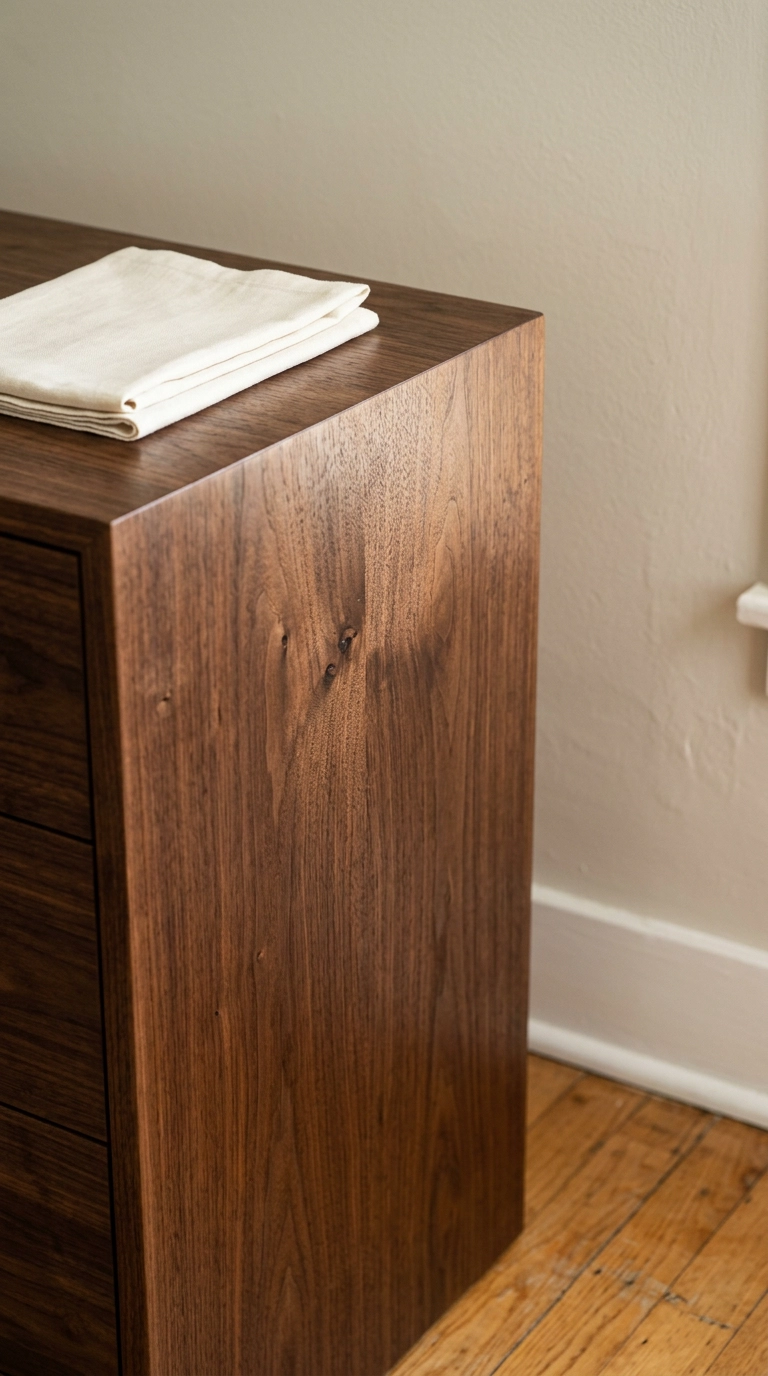 Close-up of freshly cleaned dark walnut grain with a soft satin sheen