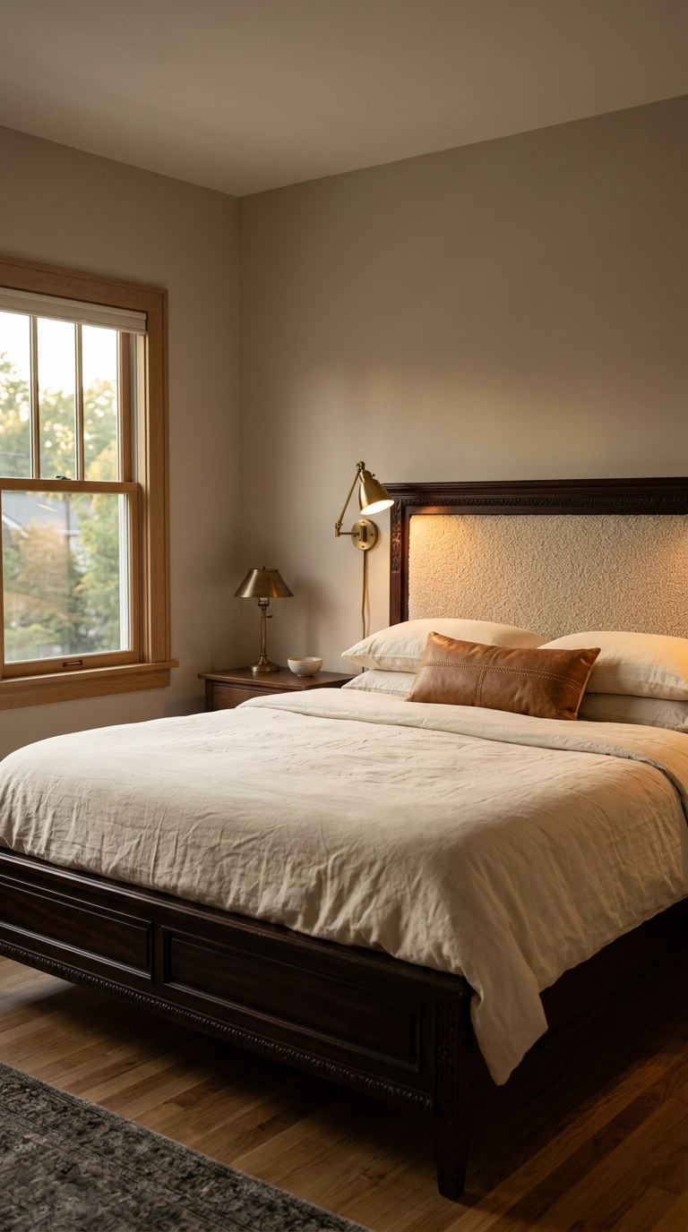 Dark mahogany bed with its center headboard panel upholstered in oatmeal boucle