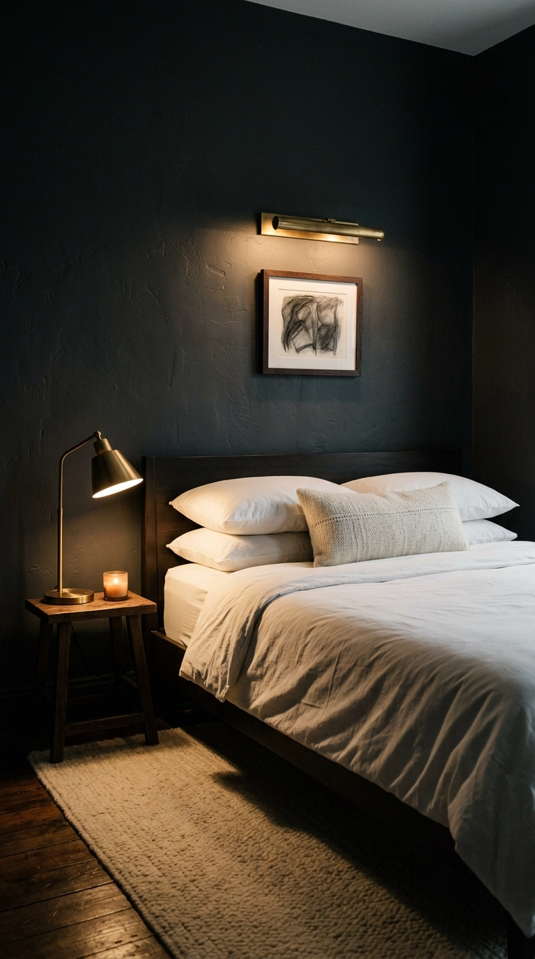 Dark walnut bed against deep charcoal walls with bone-white bedding and a brass picture light