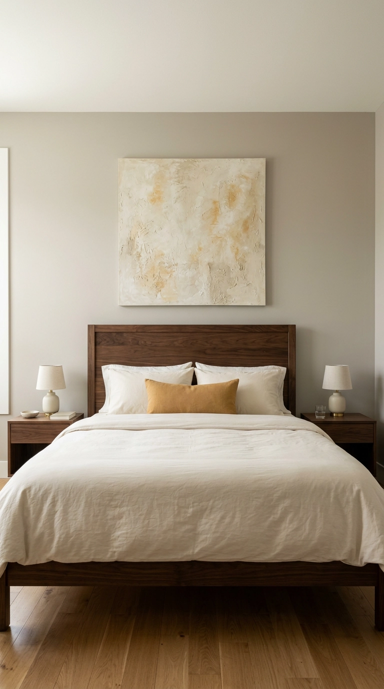 Large abstract cream and ochre canvas centered above a dark walnut headboard