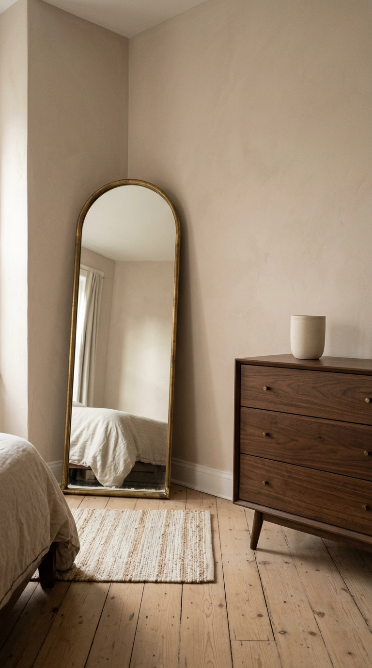 Tall arched brass floor mirror leaning beside a dark walnut chest of drawers