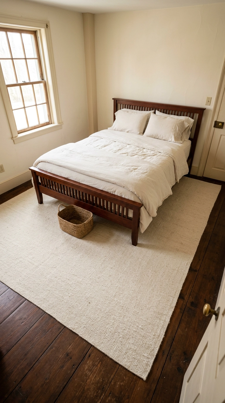 Large pale ivory rug extending well past a dark cherry bed over dark floorboards