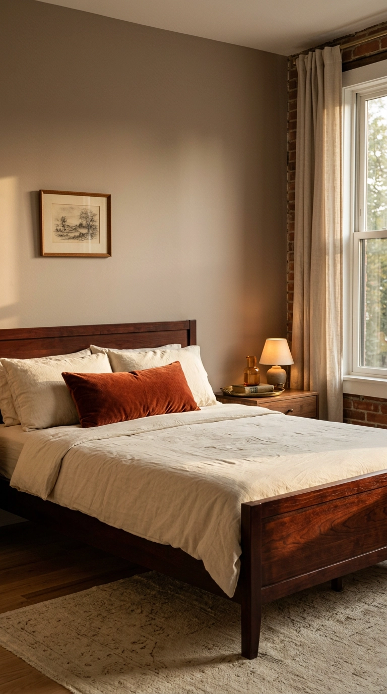 Deep rust velvet lumbar pillow as the single accent color on a dark cherry wood bed