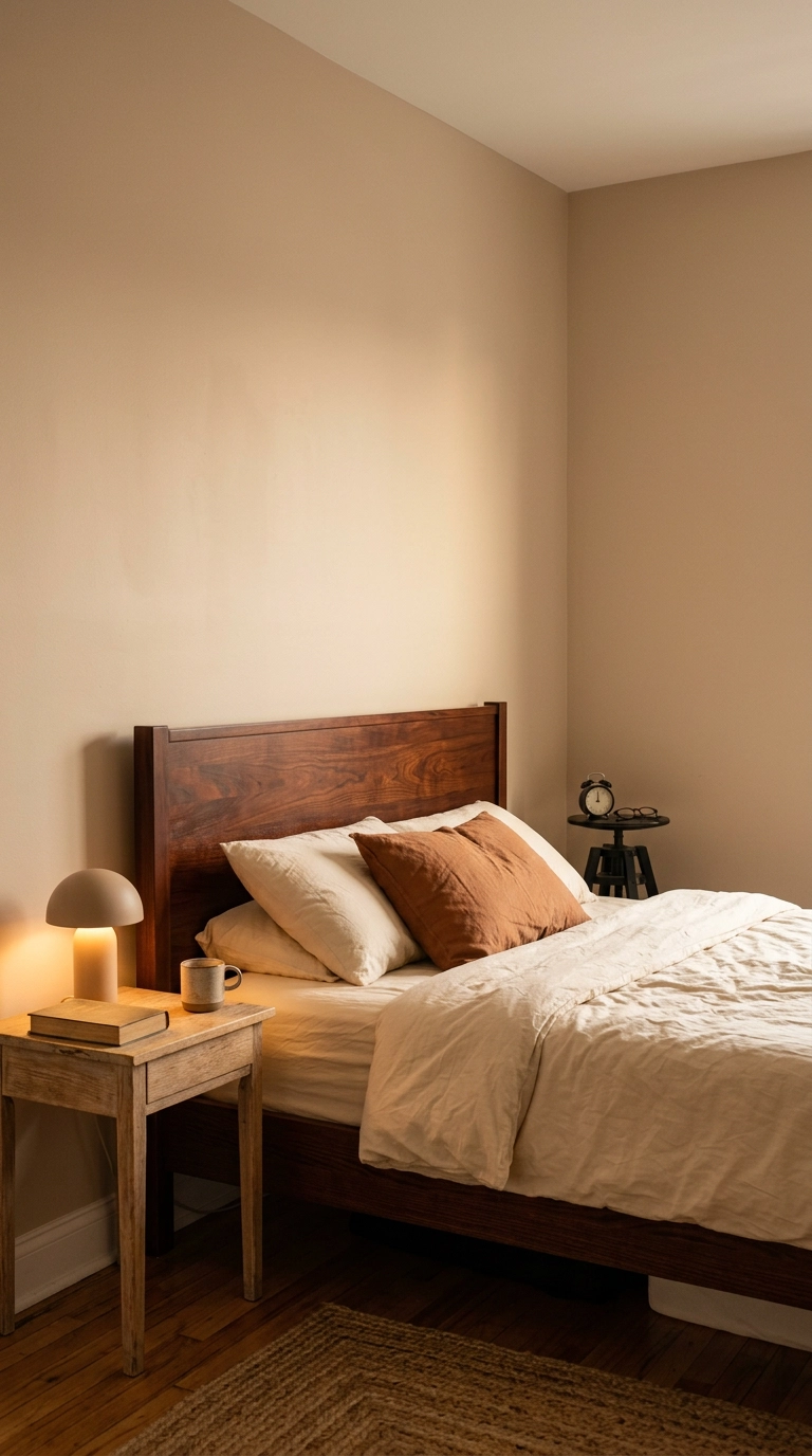 Dark cherry headboard flanked by two deliberately mismatched nightstands in a warm neutral bedroom