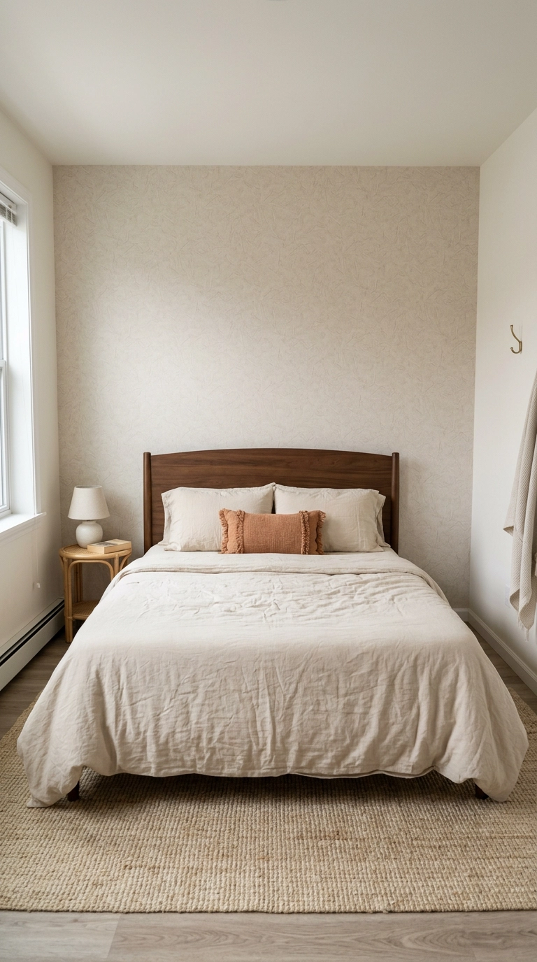 Dark walnut headboard against a textured beige peel-and-stick accent wall in a rental bedroom