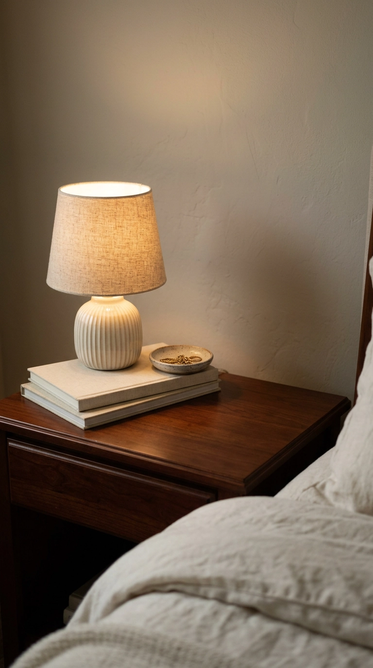 Dark cherry nightstand styled with a cream ceramic lamp, two books, and a small dish