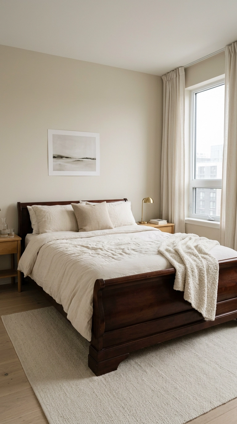 Dark cherry sleigh bed layered with cream linen and ivory boucle textiles in a bright bedroom