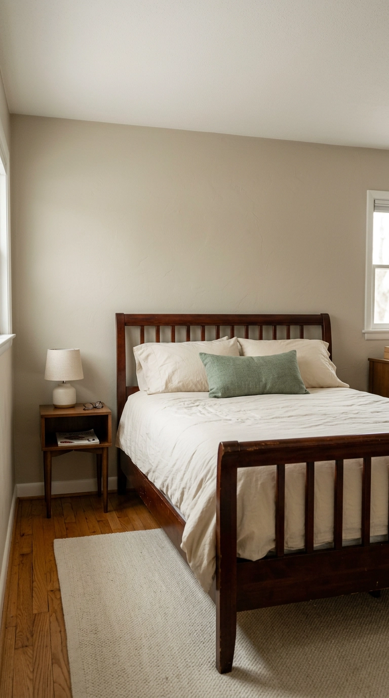 Dark mahogany bed pulled slightly off a putty-colored wall creating a shadow gap