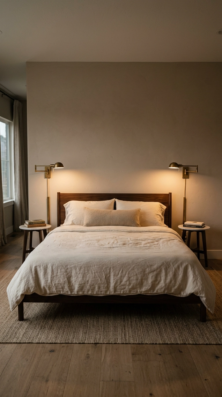 Two brass swing-arm sconces flanking a dark walnut headboard above marble nightstands