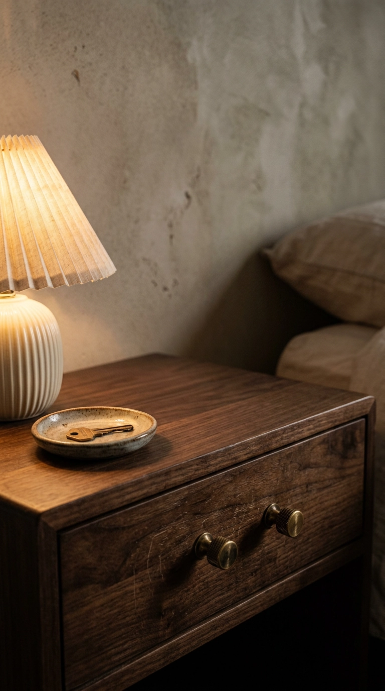 Aged brass knurled drawer pulls on a dark walnut nightstand lit by warm lamplight