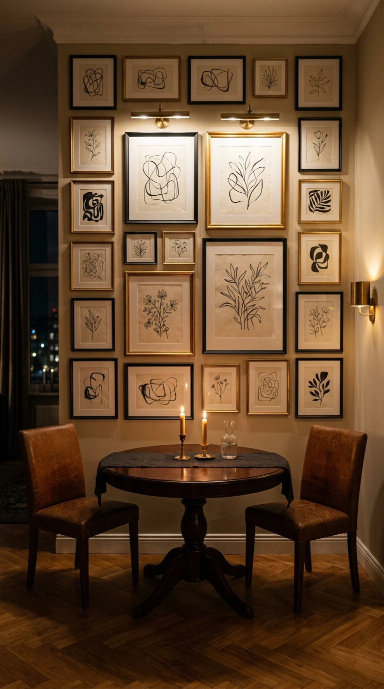 Floor-to-ceiling framed art gallery accent wall in a moody dining room with mahogany table
