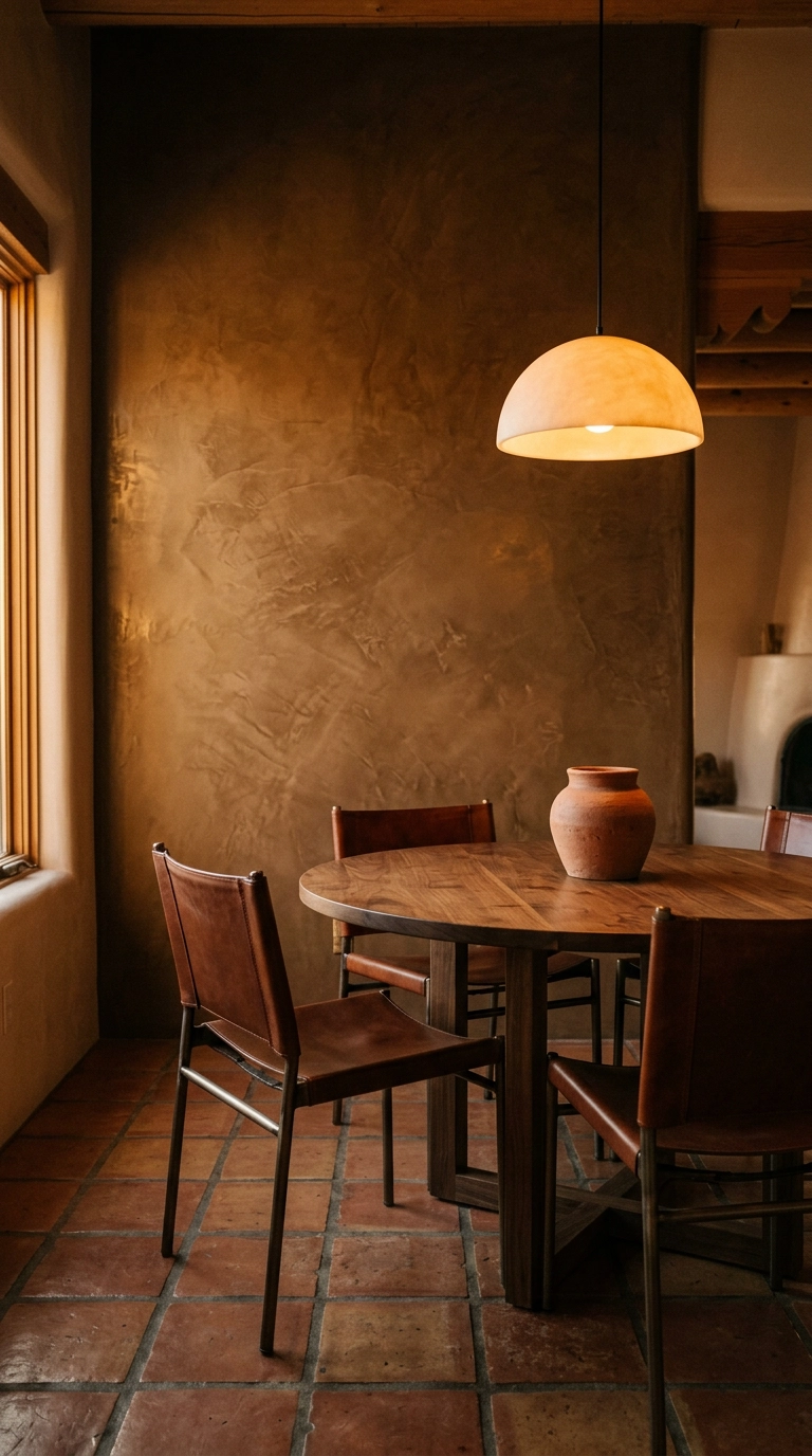 Burnished bronze Venetian plaster accent wall in a dining room with walnut table