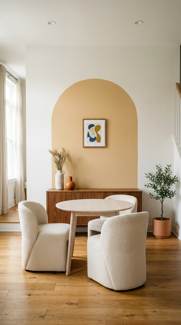 Muted ochre painted arch on a dining room accent wall behind a walnut sideboard