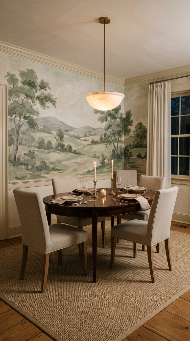 Hand-painted sage and cream scenic mural on a dining room accent wall with mahogany table