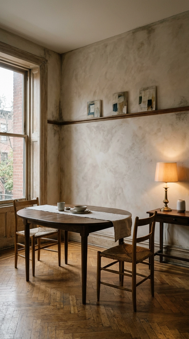 Aged putty plaster dining room accent wall with a picture rail holding leaning framed art