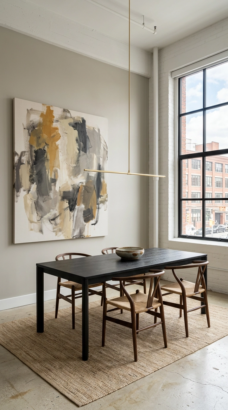Oversized abstract canvas on a greige dining room accent wall above a blackened oak table
