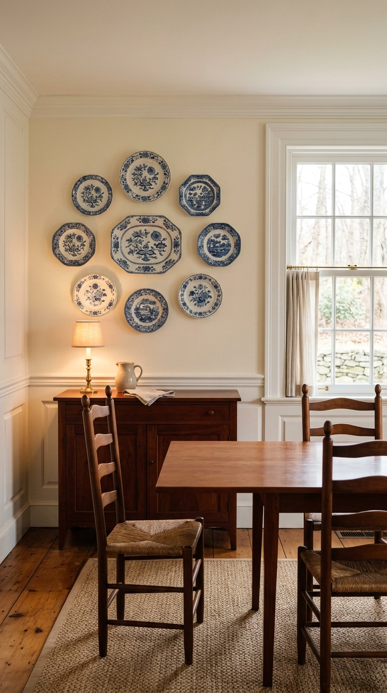 Blue and white ceramic plate collection arranged on a cream dining room accent wall
