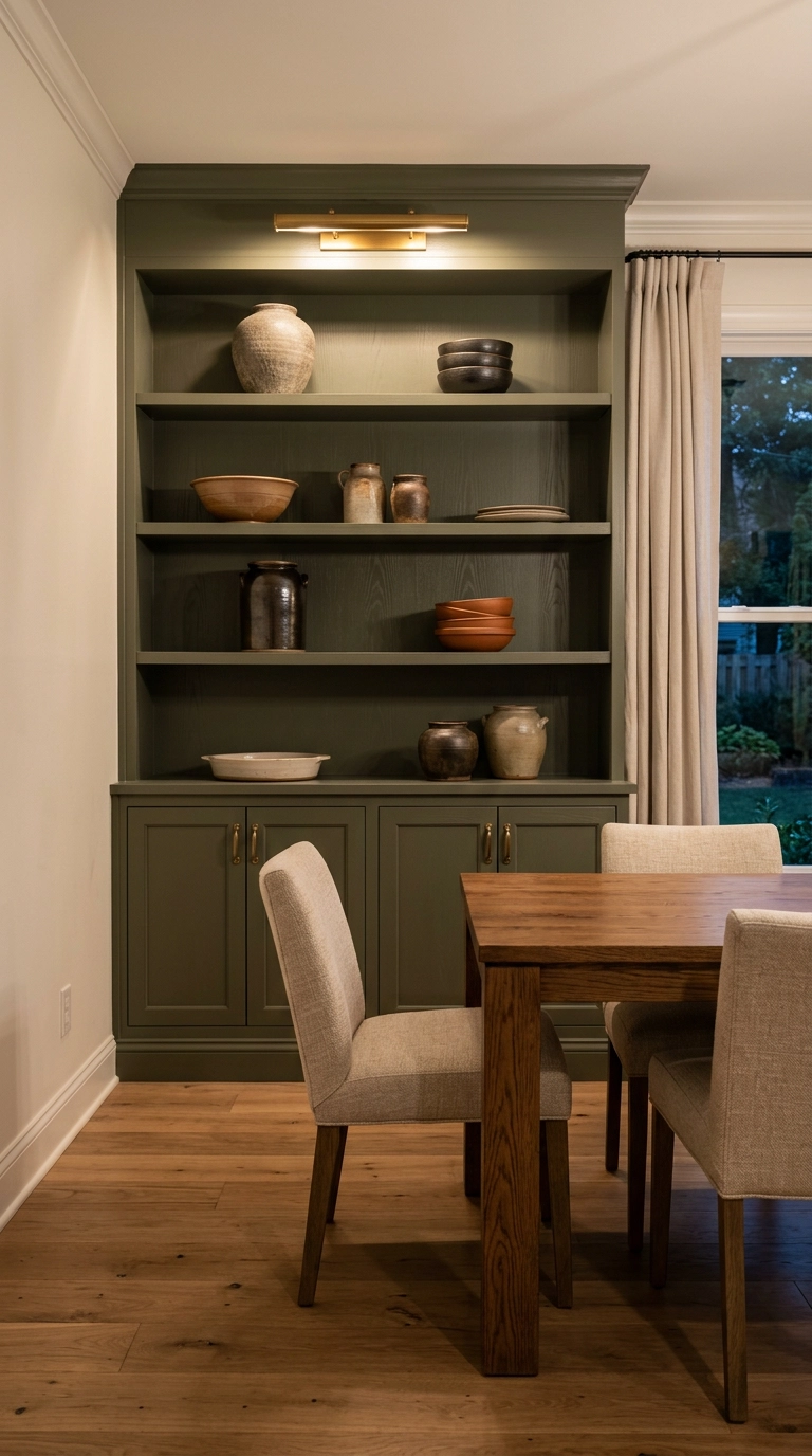 Olive built-in shelving accent wall in a dining room with stoneware and brass hardware