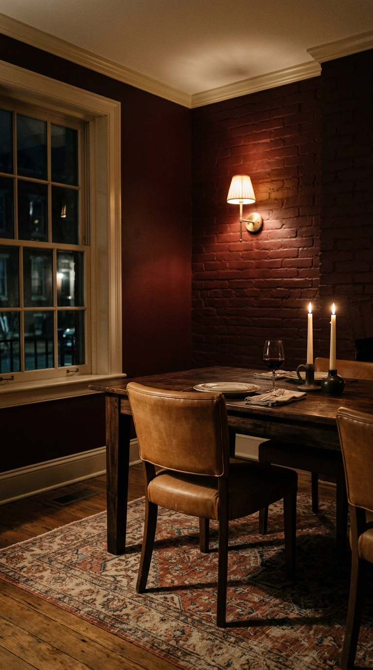 Oxblood red painted dining room accent wall with camel leather chairs and brass sconce