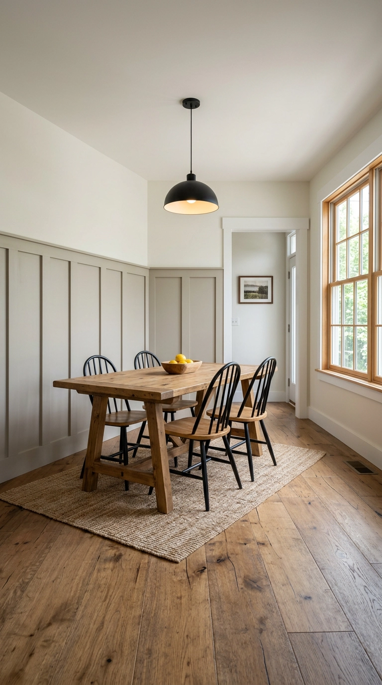 Greige board and batten half wall in a farmhouse dining room with pine trestle table