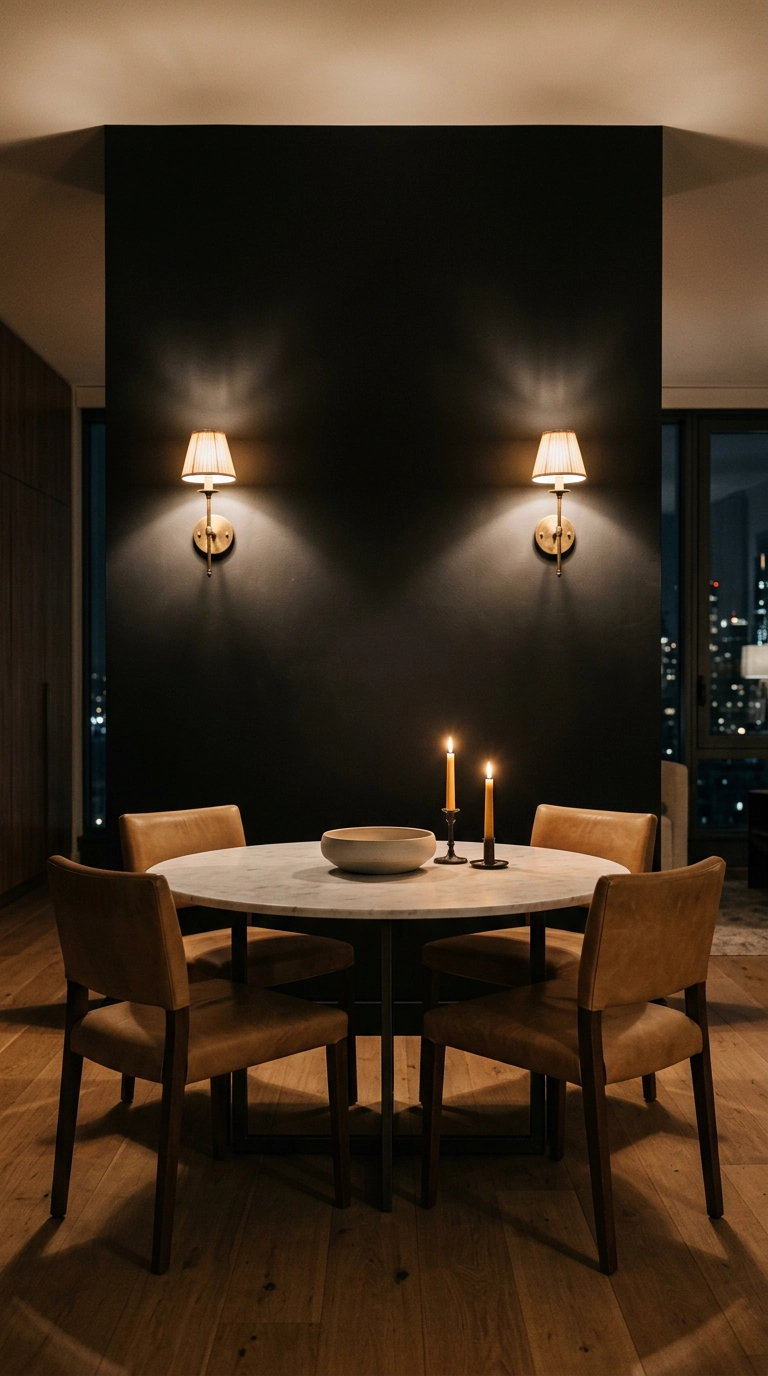 Matte black dining room accent wall with two brass sconces and a marble table